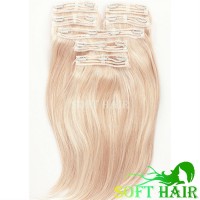 Wholesale 613 blonde color full head Brazilian reny human hair volumizer quad weft clip in hair extension